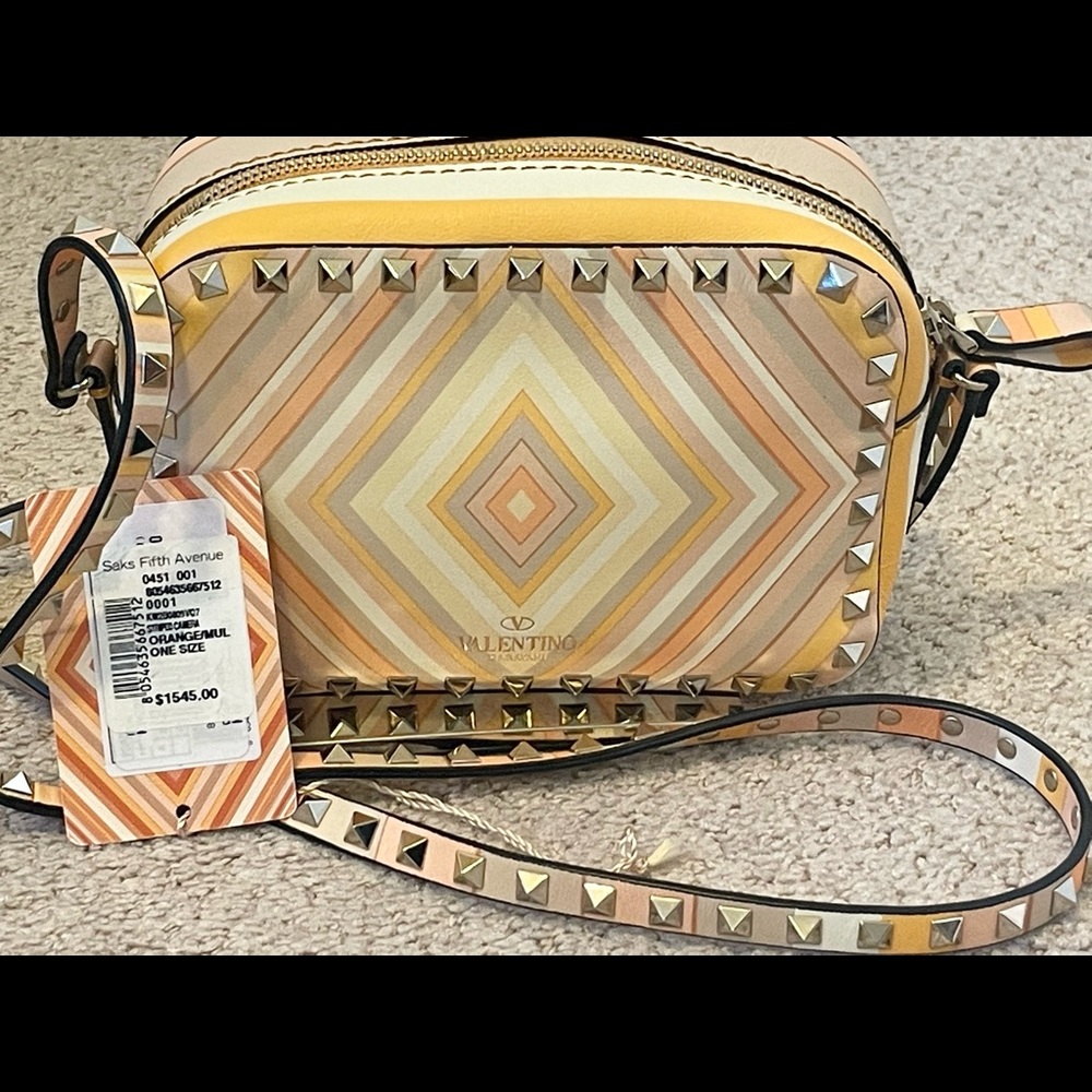 Valentino Rockstud camera striped leather shoulder crossbody bag.